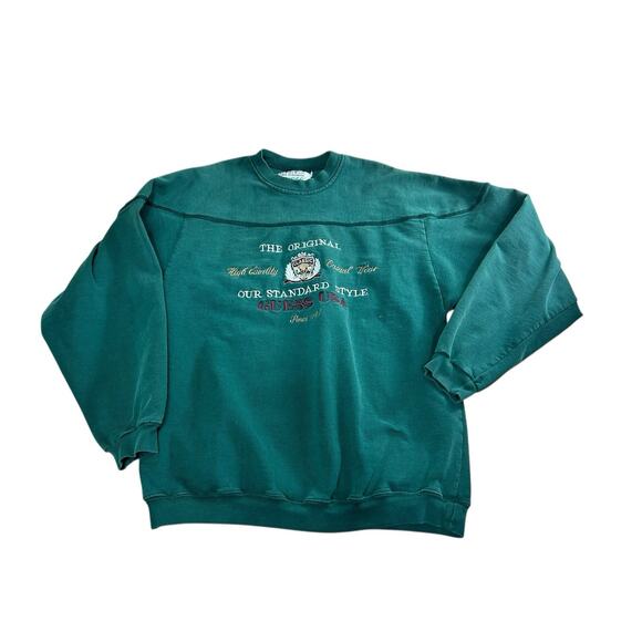 Vintage Guess Dark Green Sweatshirt Sz L Embroidered Made USA Pullover 90's - Picture 13 of 14